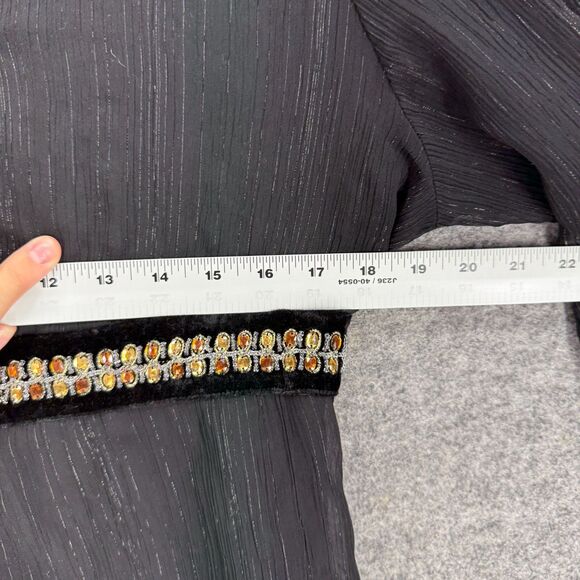 Unbranded Blouse Women M Medium Black Sheer V-Neck Long Sleeve Belted Rhinestone - Picture 3 of 5